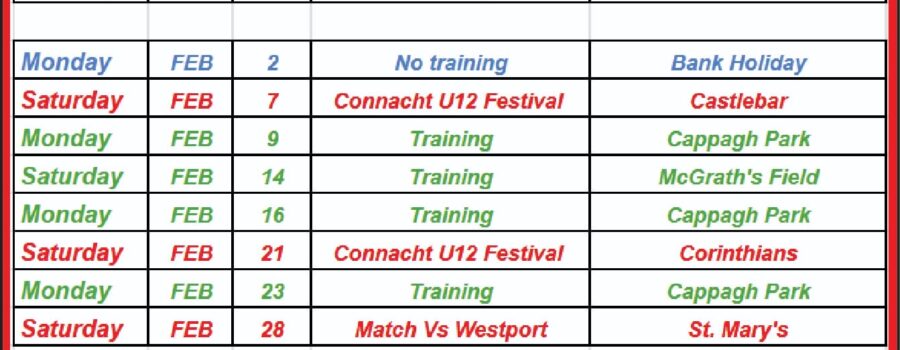 Galway Bay RFC U12 Fixtures – January to March 2026